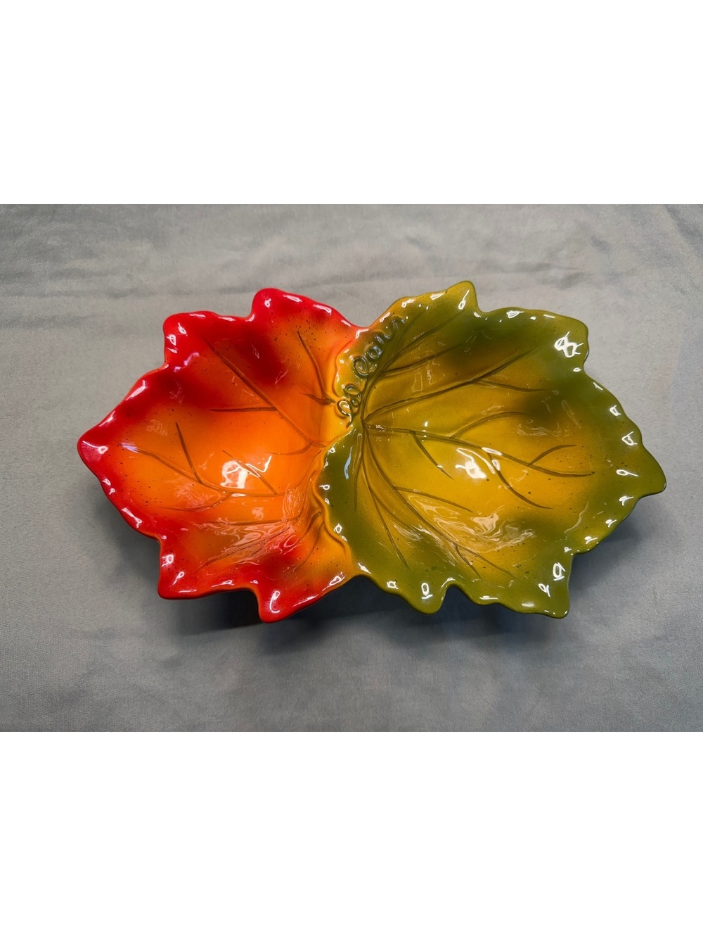 Leaf shaped divided ceramic dish